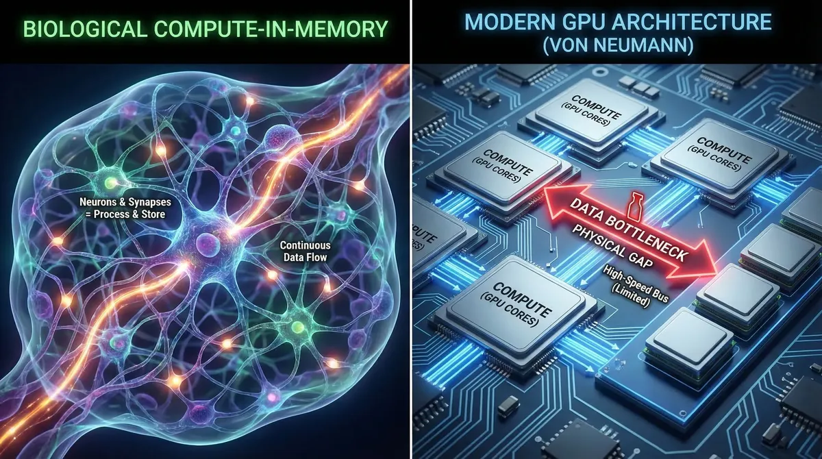 Memory Architecture: Biological Brain (Unified) vs GPU (Separated)
